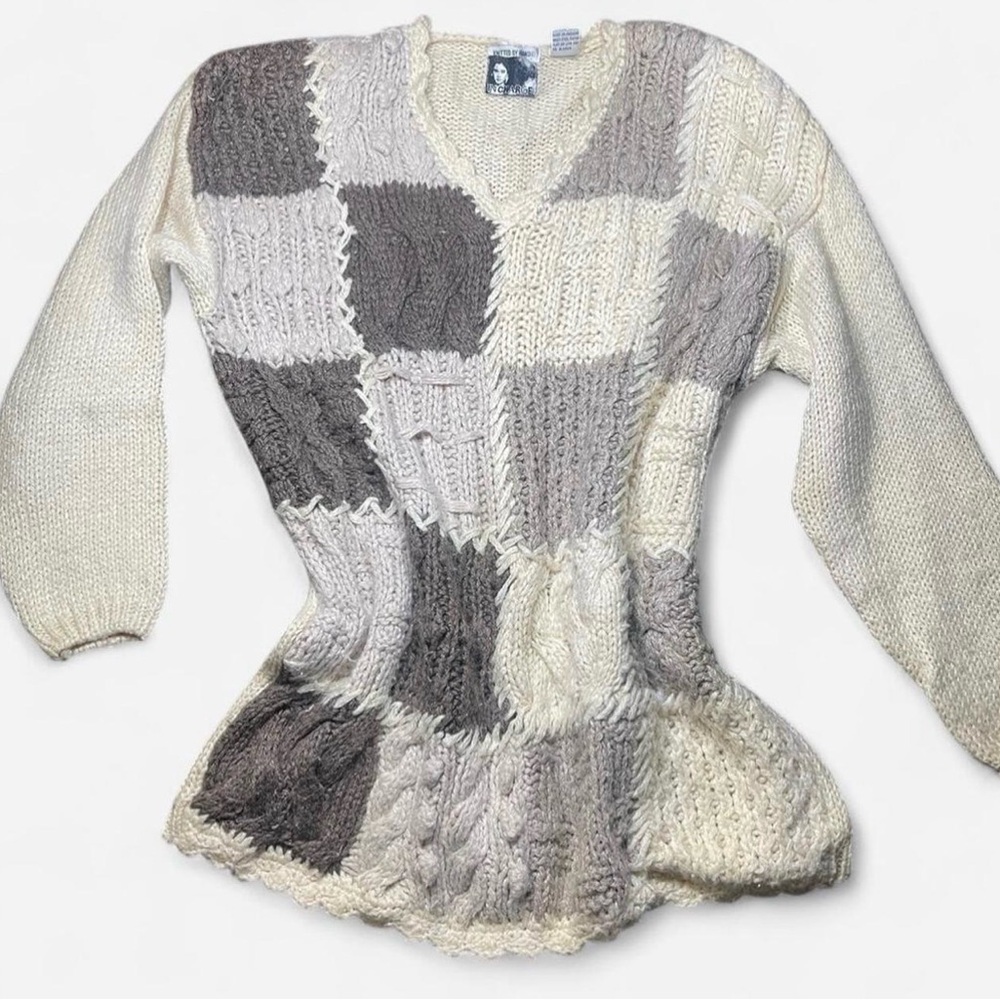 IN CHARGE Vintage 90s patchwork chunky cable knit sweater oversized Sz Small